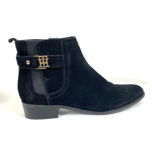 Tommy Hilfiger Women’s Bootie Black Size 10M Suede Boots Chelsea Gold Hardware - Picture 4 of 16